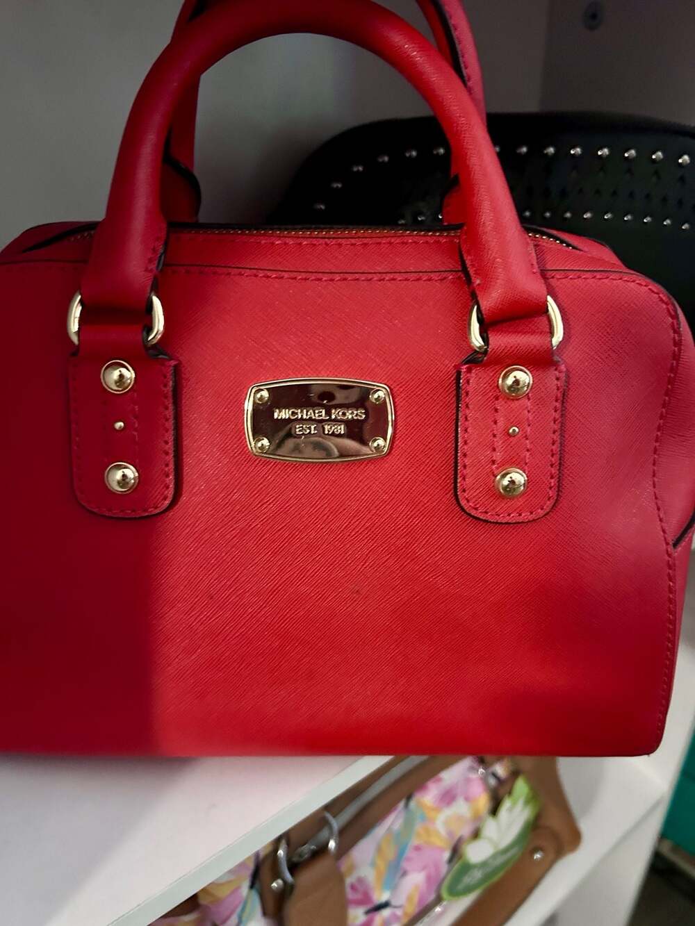 Michael Kors Saffiano Leather Dome Satchel in Red